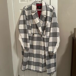 Creamy white and black “almost” buffalo plaid below the knee pea coat style